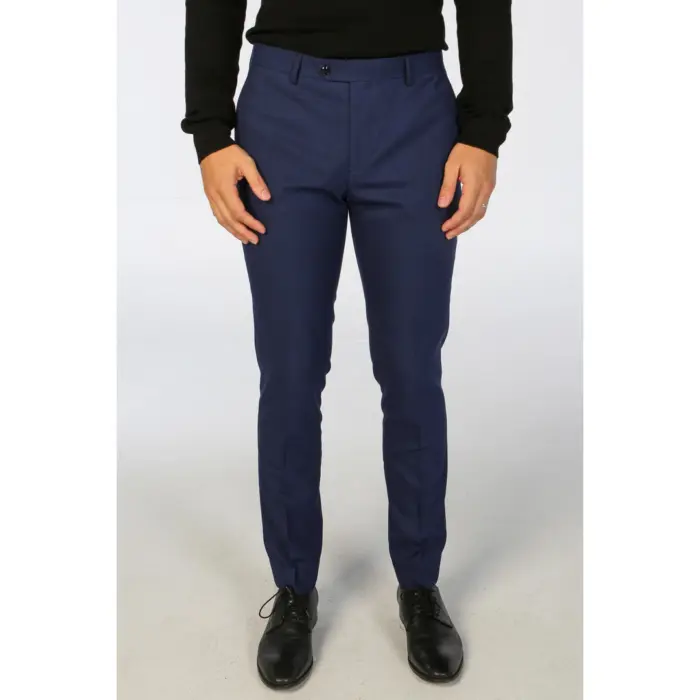 Men's Trousers Navy Blue Checked Formal Suit Pants - Image 1