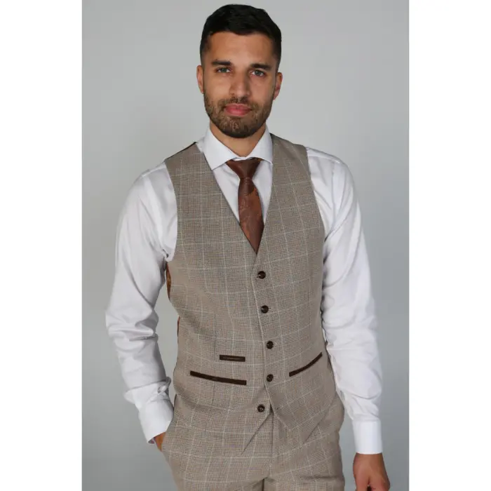 Holland - Men's Beige Check Waistcoat Office Wedding Prom - Image 1