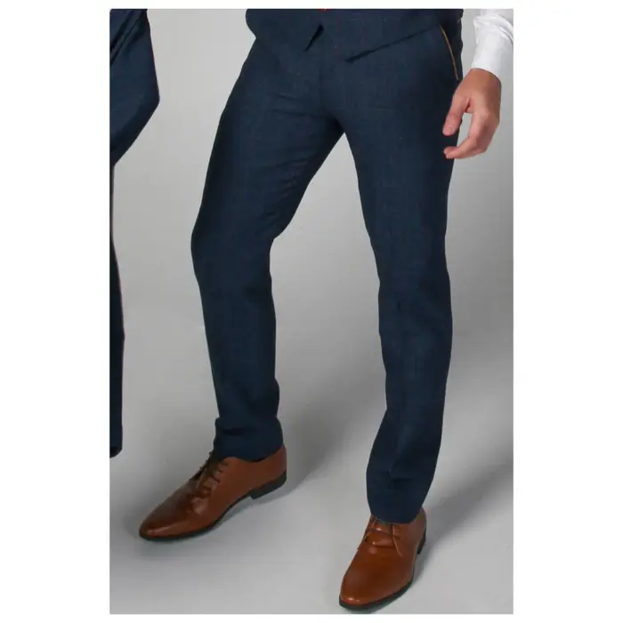 Mens Blue Trousers Herringbone Tweed Checked Formal Suit Pants - Image 1