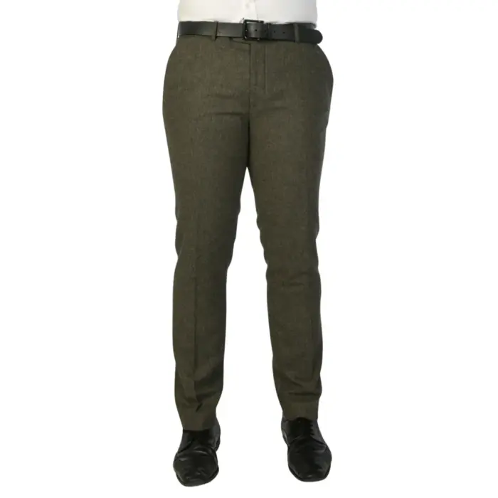 Men's Trousers Olive Green Wool Blend Tweed Casual Formal Pants - Image 1