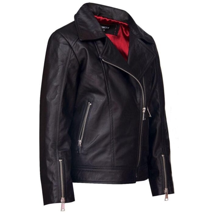Girls Kids Real leather Biker Style Jacket Cross Zip Black Pink Age - Knighthood Store