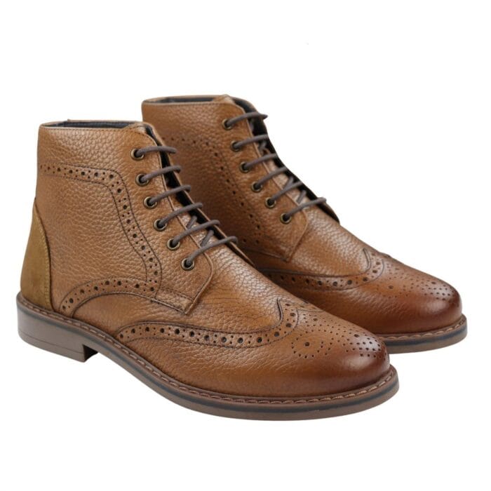 Mens Round Toe Laced Brogue Boots Black Tan Brown Real Leather Smart Casual Classic - Knighthood Store