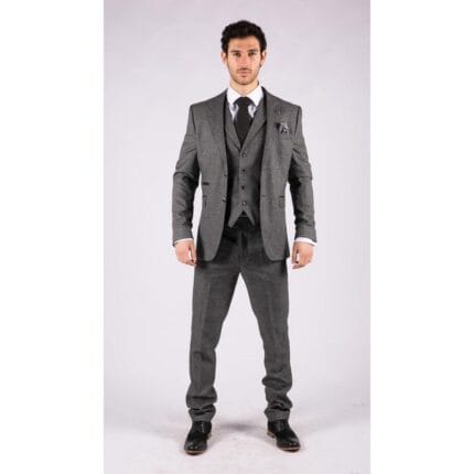 Mens Classic 3 Piece Suit Prince Of Wales Check Grey Tailored Fit Vintage Wedding - Knighthood Store