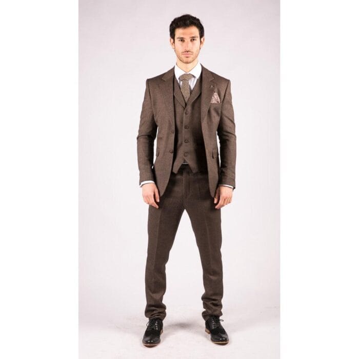 Mens Herringbone Tweed 3 Piece Suit Brown Classic Vintage Tailored Wedding Blinders - Knighthood Store