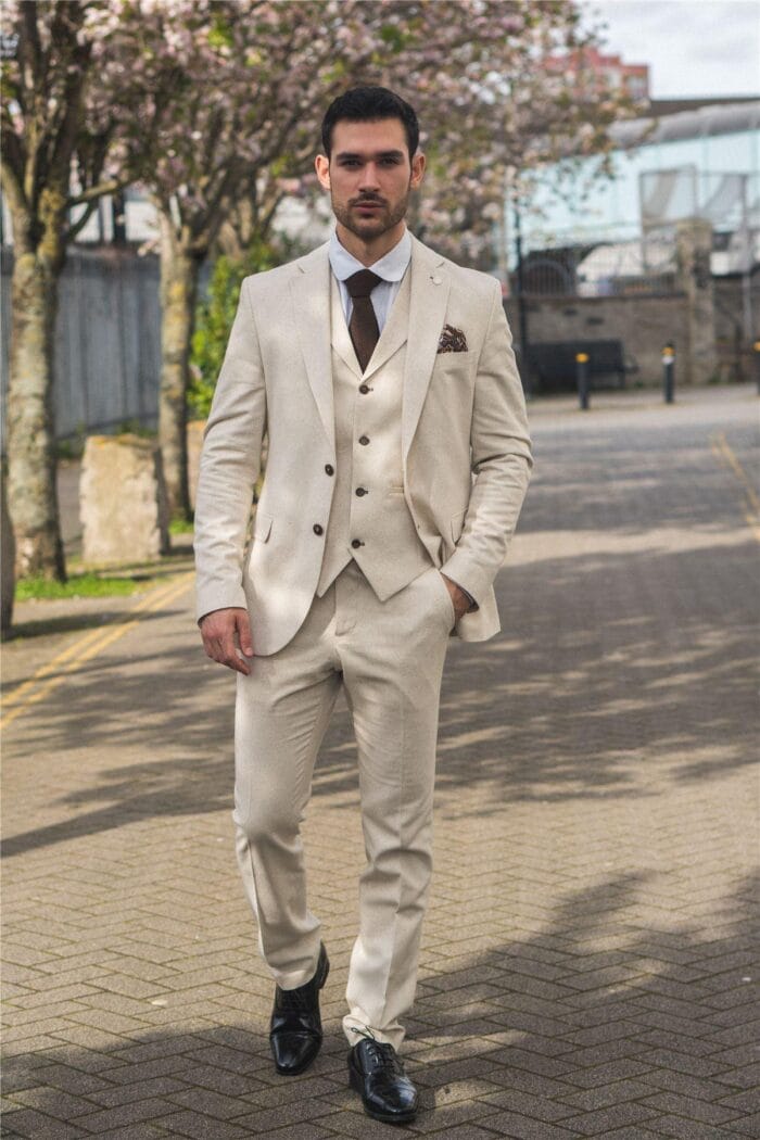 TruClothing TP-21 - Men's Beige 3 Piece Linen Summer Suit - Knighthood Store