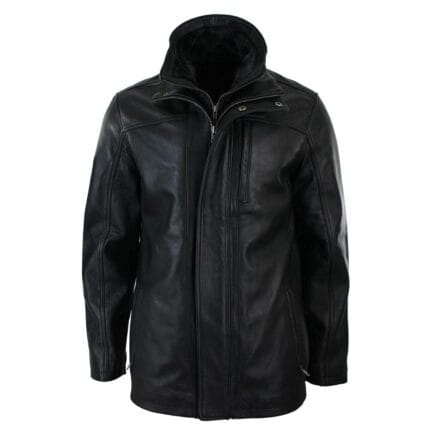 Mens 3/4 Real Leather Safari Jacket Overcoat Removable Double Zip Black Brown - Knighthood Store