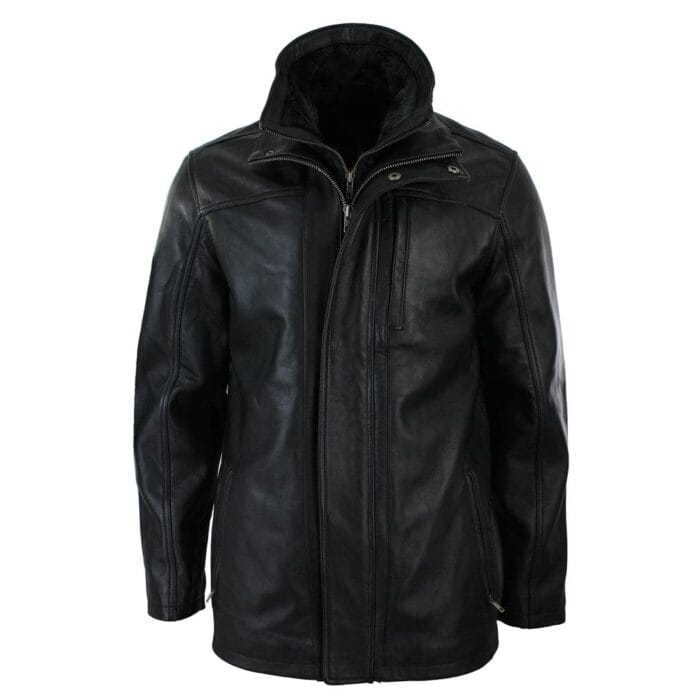 Mens 3/4 Real Leather Safari Jacket Overcoat Removable Double Zip Black Brown - Knighthood Store