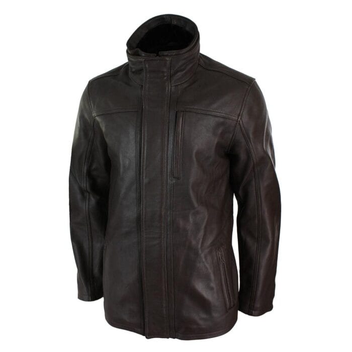 Mens 3/4 Real Leather Safari Jacket Overcoat Removable Double Zip Black Brown - Knighthood Store