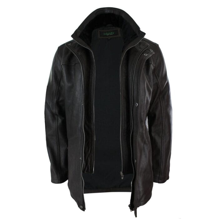 Mens 3/4 Real Leather Safari Jacket Overcoat Removable Double Zip Black Brown - Knighthood Store