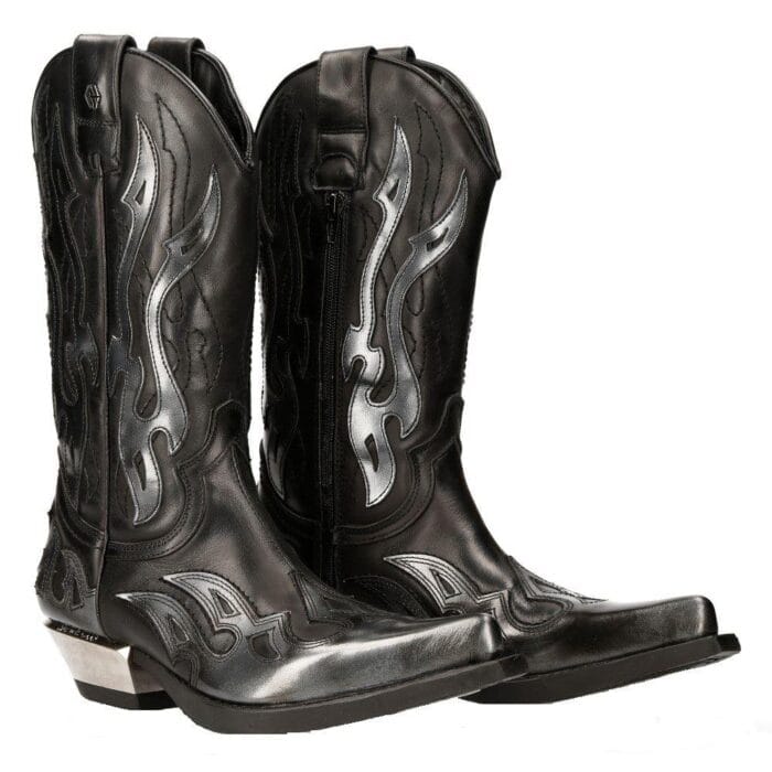 New Rock M-7921-S3 Silver Flame Boots Black Leather Heavy Biker Western Cowboy - Knighthood Store