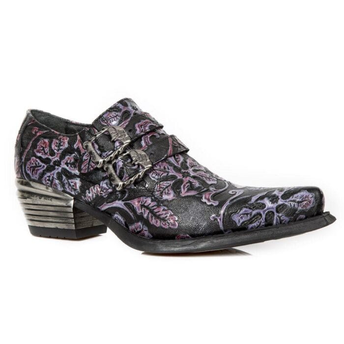 New Rock 7960-s8 Shoe Embossed Vintage Black Leather Buckle Steel Heel Shoes - Knighthood Store