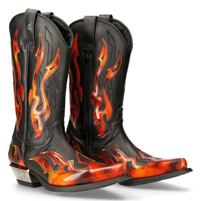 New Rock Unisex 7921-S2 New Rock Leather WEST Black Red Cowboy Leather Boots - Knighthood Store