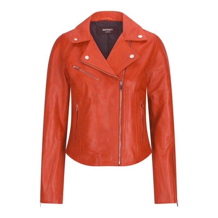 Womens Real Leather Biker Jacket Cross Zip Soft Slim Fit Brando Tan Brown Black Red Yellow - Knighthood Store