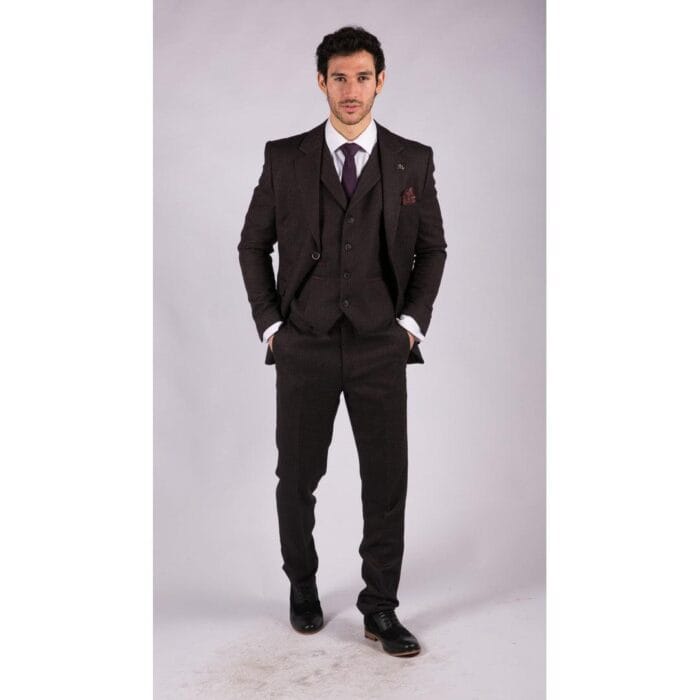Mens Herringbone Tweed 3 Piece Suit Purple Plum Tailored 1920s Vintage Blinders - Knighthood Store