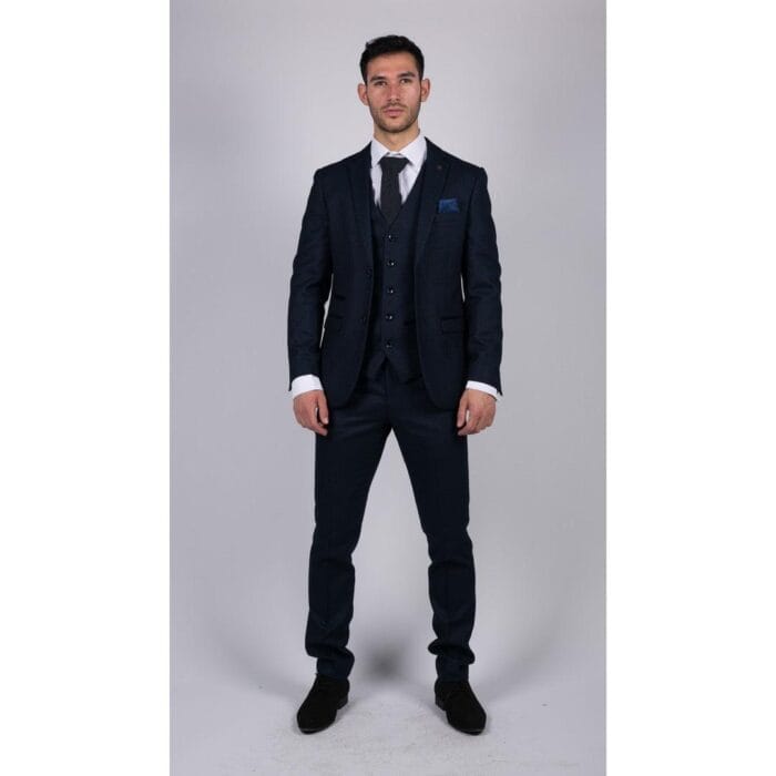 Mens Navy Blue 3 Piece Suit Birdseye Suit Wedding Prom Formal Smart Classic - Knighthood Store
