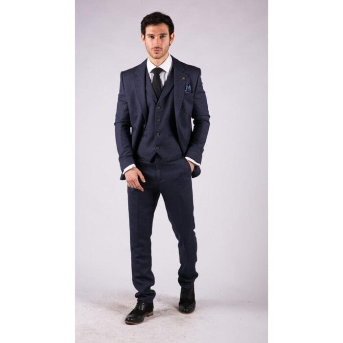 Mens Herringbone Tweed 3 Piece Suit Blue Classic Vintage Tailored Wedding Blinders - Knighthood Store