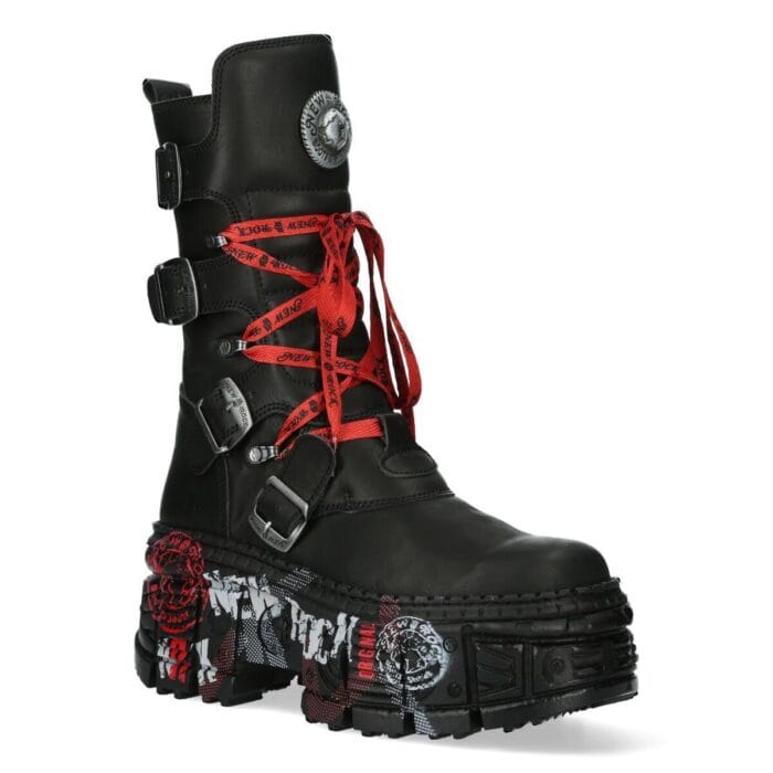 New Rock Boots WALL028B-C1 Unisex Metallic Black Leather Platform Gothic Boots - Knighthood Store