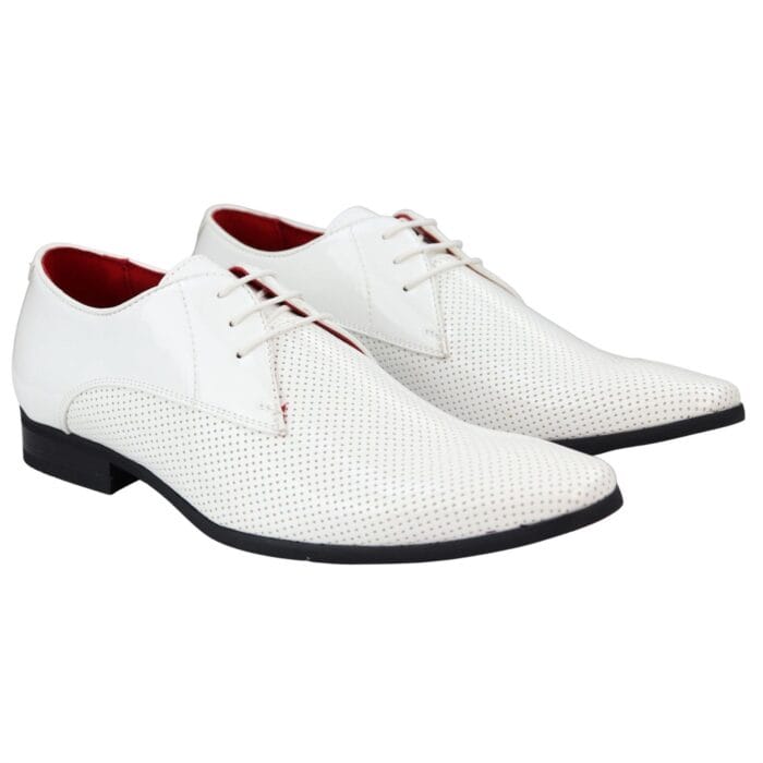 Mens Shoes Smart Formal Perforated Pointed Laced Black Red White Patent Leather PU - Knighthood Store