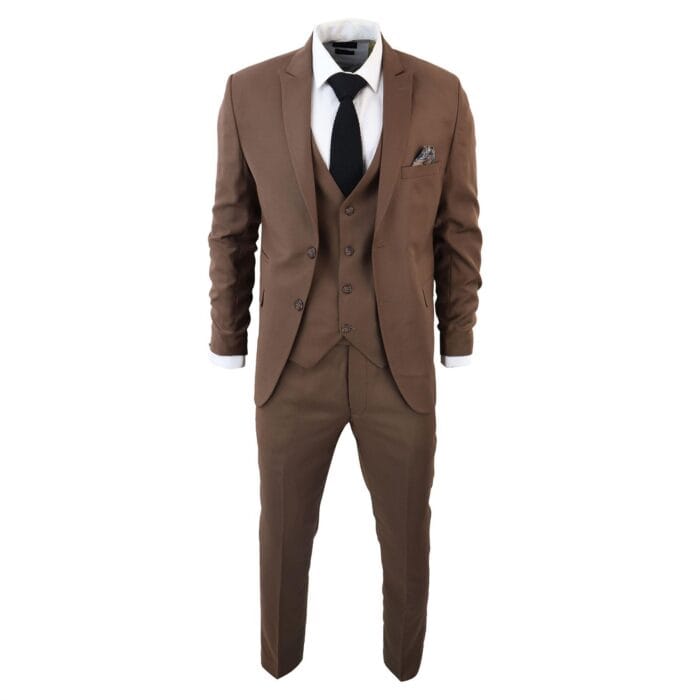 Men's Classic Brown Suit 3 Piece Tailored Fit Vintage Office Wedding Prom - Knighthood Store