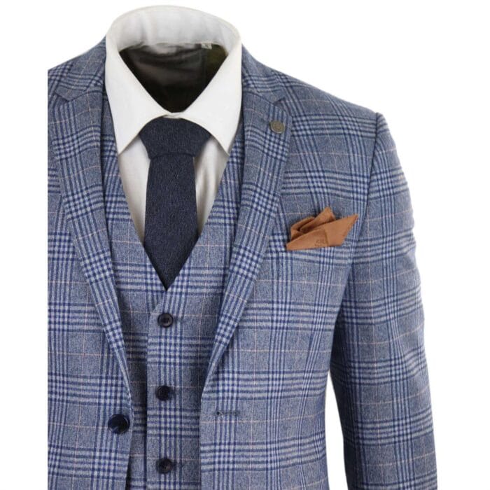 Mens Blue 3 Piece Suit Vintage Navy Tan Check Tailored Fit Classic Gatsby 1920s - Knighthood Store