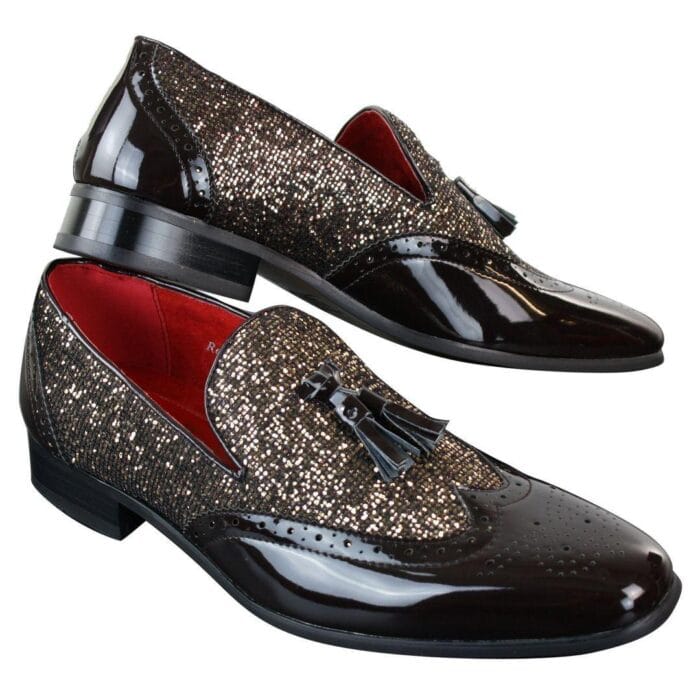 Mens Smart Party Shiny Tassle Shoes Red Silver Black Gold Slip On Patent Leather - Knighthood Store