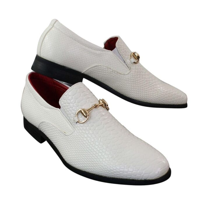 Mens Black Patent Shiny Slip On PU Snake Crocodile Leather Shoes Gold Buckle - Knighthood Store