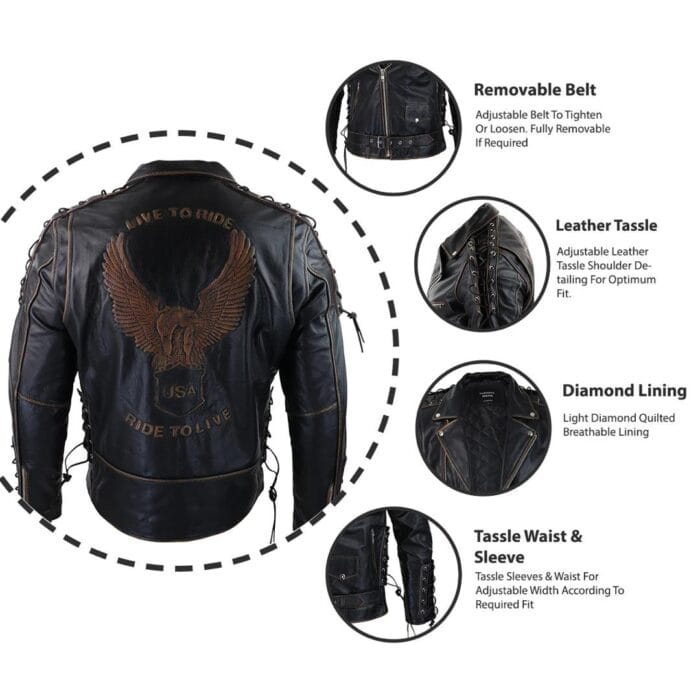 Mens Live To Ride Cow Hide Real Leather Jacket Original Cross Zip Brando Biker Motorcycle - Knighthood Store