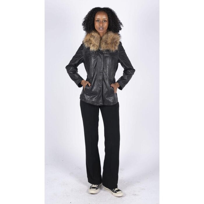 Womens Real Leather Short Parka Jacket Coat Fur Hood Zipped Brown Tan Black - Knighthood Store