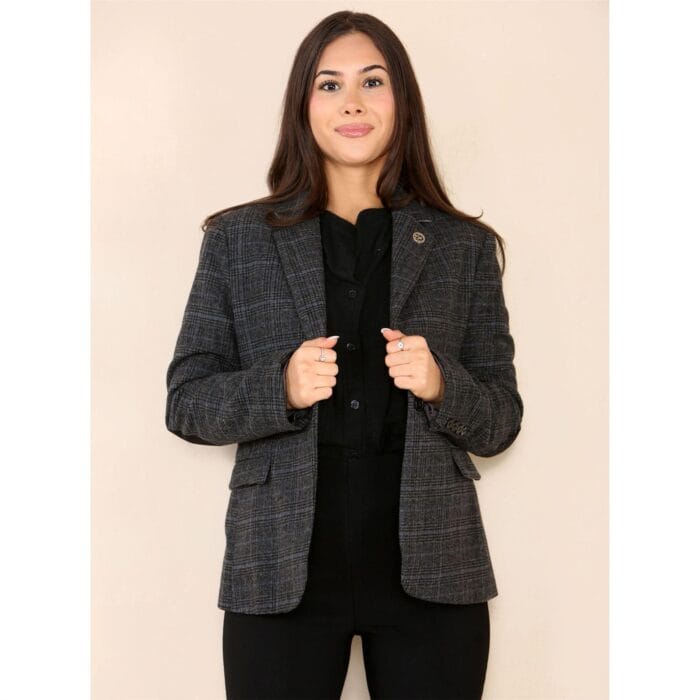 Womens Tweed Check Waistcoat Blazer Suit Grey Classic Vintage Elboy Patch 1920s - Knighthood Store