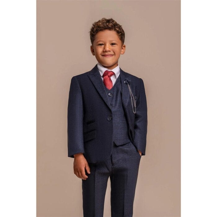 Boys 3 Piece Navy Check Suit Tweed Tailored Fit Wedding - Knighthood Store