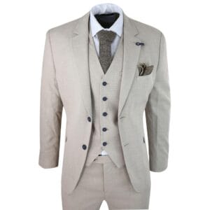 Mens 3 Piece Suit Linen Beige Cream 2 Button Tailored Fit Classic Retro - Knighthood Store