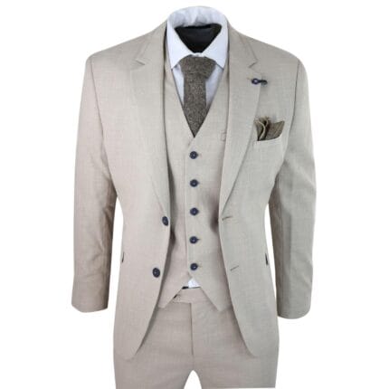 Mens 3 Piece Suit Linen Beige Cream 2 Button Tailored Fit Classic Retro - Knighthood Store