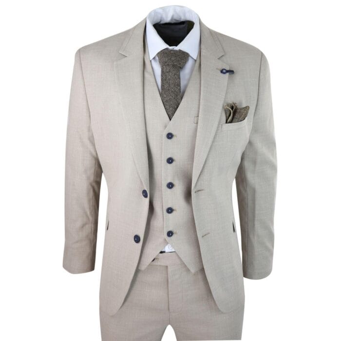 Mens 3 Piece Suit Linen Beige Cream 2 Button Tailored Fit Classic Retro - Knighthood Store