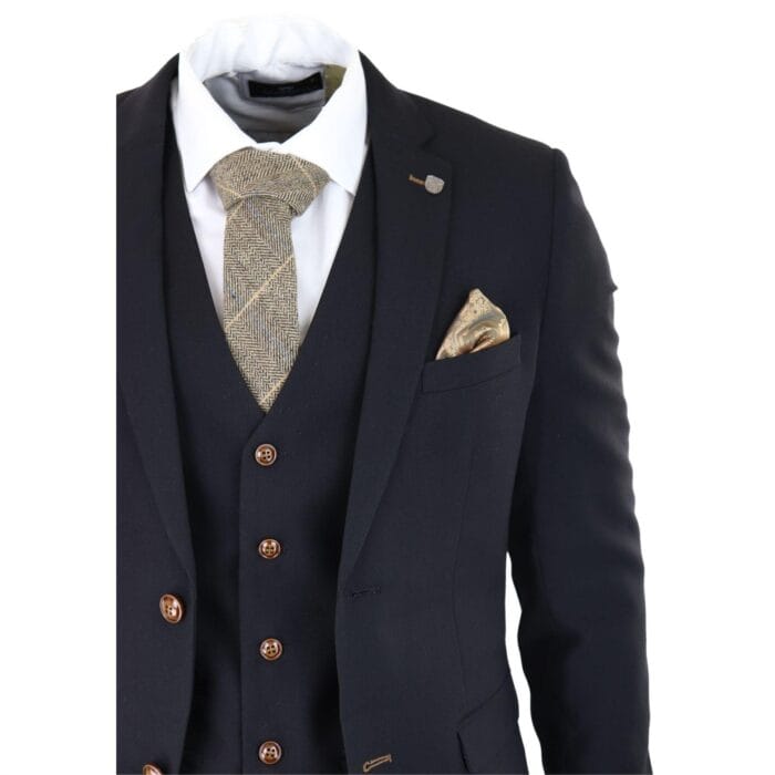Mens Black 3 piece Suit Brown Trim Classic Birdseye Vintage Wedding Grooms - Knighthood Store