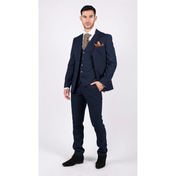 Mens Navy 3 Piece Suit Tailored Fit Smart Formal Classic Wedding Retro Vintage - Knighthood Store