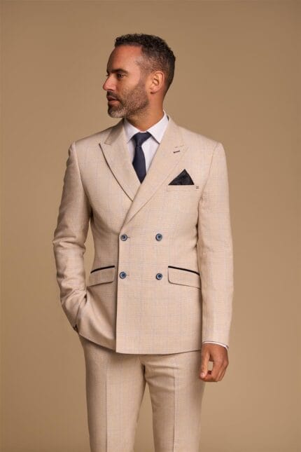 Men's Blazer Beige Double Breasted Tailored Fit Suit Jacket - Knighthood Store
