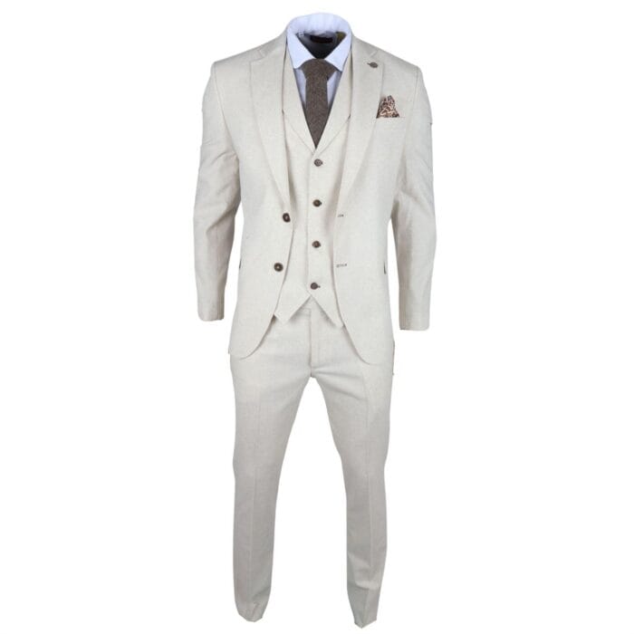TruClothing TP-21 - Men's Beige 3 Piece Linen Summer Suit - Knighthood Store