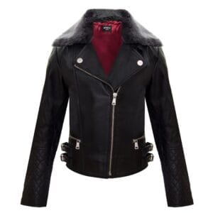 Girls Kids Real leather Biker Style Jacket Cross Zip Black Fur Collar Age 1 - 13 - Knighthood Store