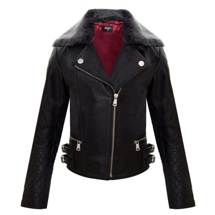 Girls Kids Real leather Biker Style Jacket Cross Zip Black Fur Collar Age 1 - 13 - Knighthood Store