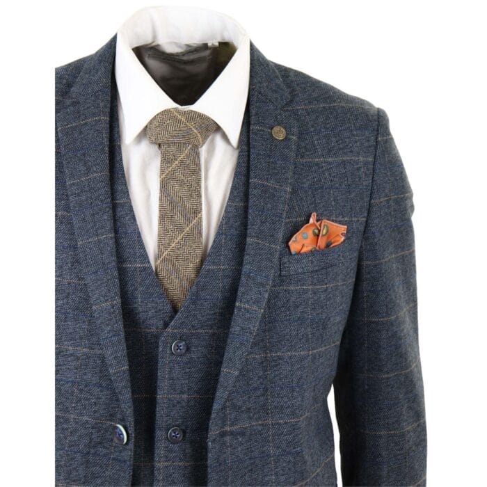 Mens Blue Check 3 Piece Suit Herringbone Tweed Vintage Tailored Fit Grey Velvet - Knighthood Store