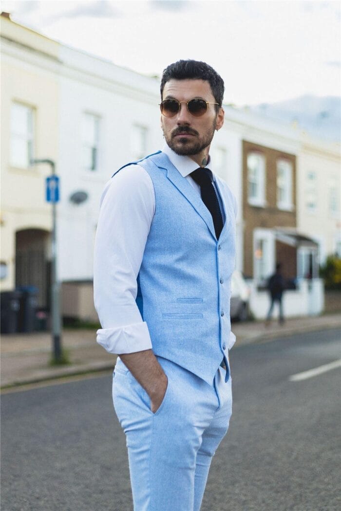 Mens Summer Suit Waistcoat Trousers Linen Smart Formal Baby Blue Wedding - Knighthood Store