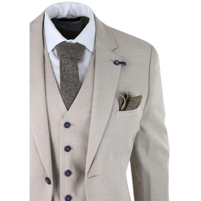 Mens 3 Piece Suit Linen Beige Cream 2 Button Tailored Fit Classic Retro - Knighthood Store