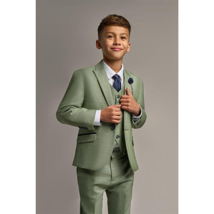 Boys 3 Piece Sage Green Check Suit Tweed Tailored Fit Wedding - Knighthood Store