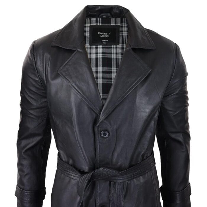 Mens Black 3/4 Mac Long Real Leather Classic Belted Punk Jacket Coat Vintage 80s - Knighthood Store