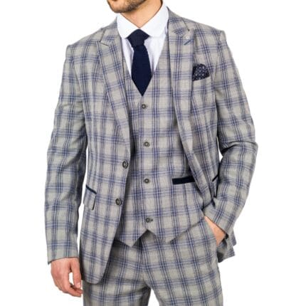 Men's Blazer Grey Blue Checked Classic Sport Coat Plaid Tailored Fit - Knighthood Store