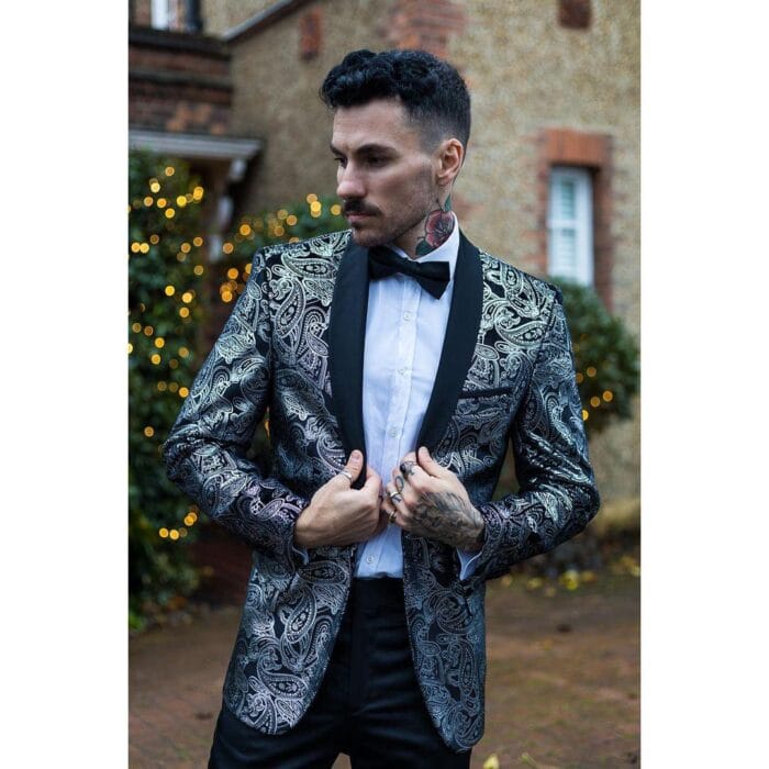 Mens Velvet Paisley Floral Blazer Black Gold Silver Tuxedo Jacket Dinner Suit Tux - Knighthood Store