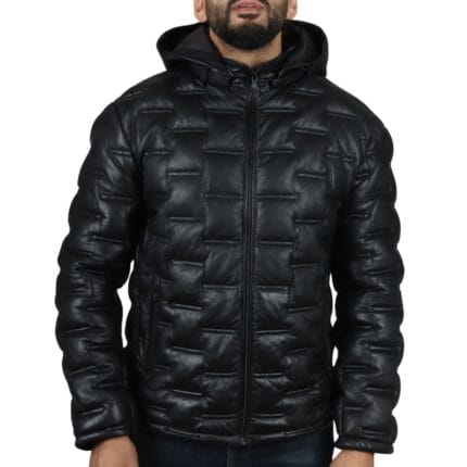 Men's Puffer Quilted Real Leather Jacket Hooded Casual - Knighthood Store