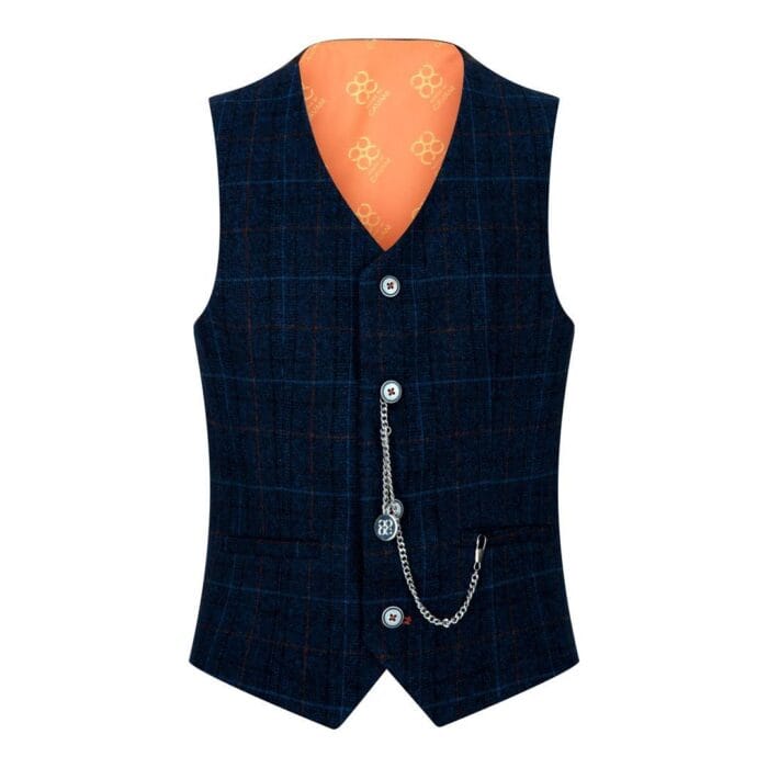 Boys Blue 3 Piece Suit Navy Check Wedding Prom Formal Vintage Tailored Fit - Knighthood Store