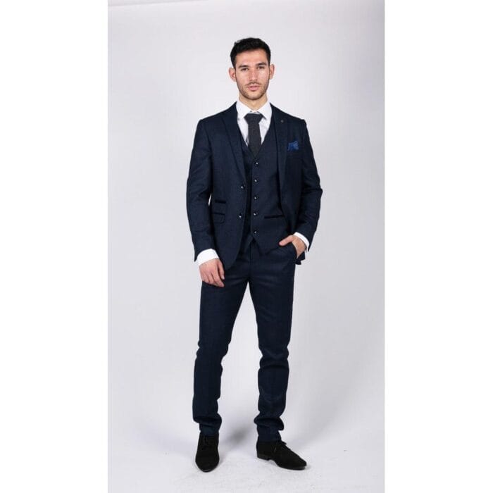Mens Navy Blue 3 Piece Suit Birdseye Suit Wedding Prom Formal Smart Classic - Knighthood Store