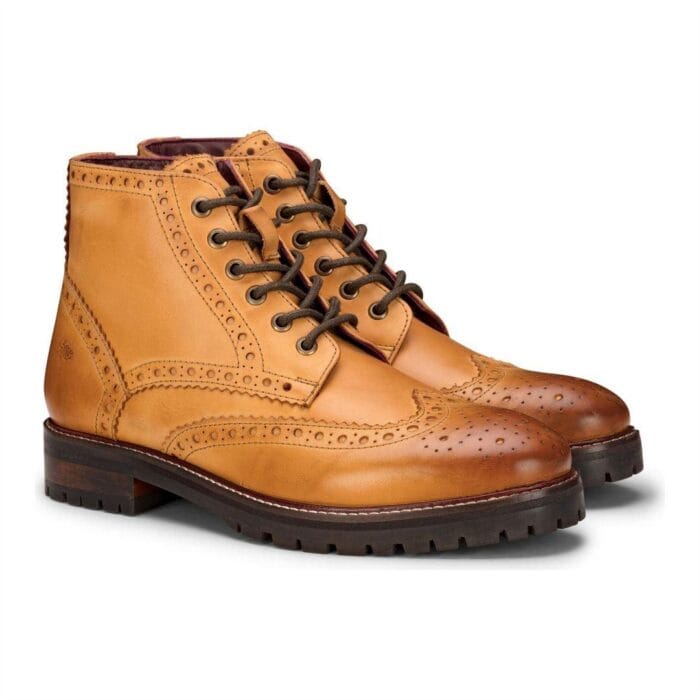 Mens Real Leather Laced Platform Brogue Military Boots Punk Rock Black Tan - Knighthood Store